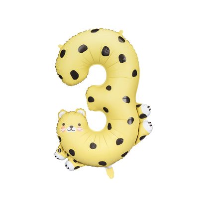 Cheetah-shaped number 3 foil balloon for jungle-themed birthday party
