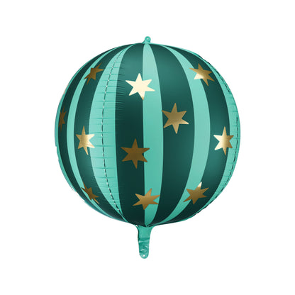Round green foil balloon with vertical turquoise stripes and decorated with golden stars