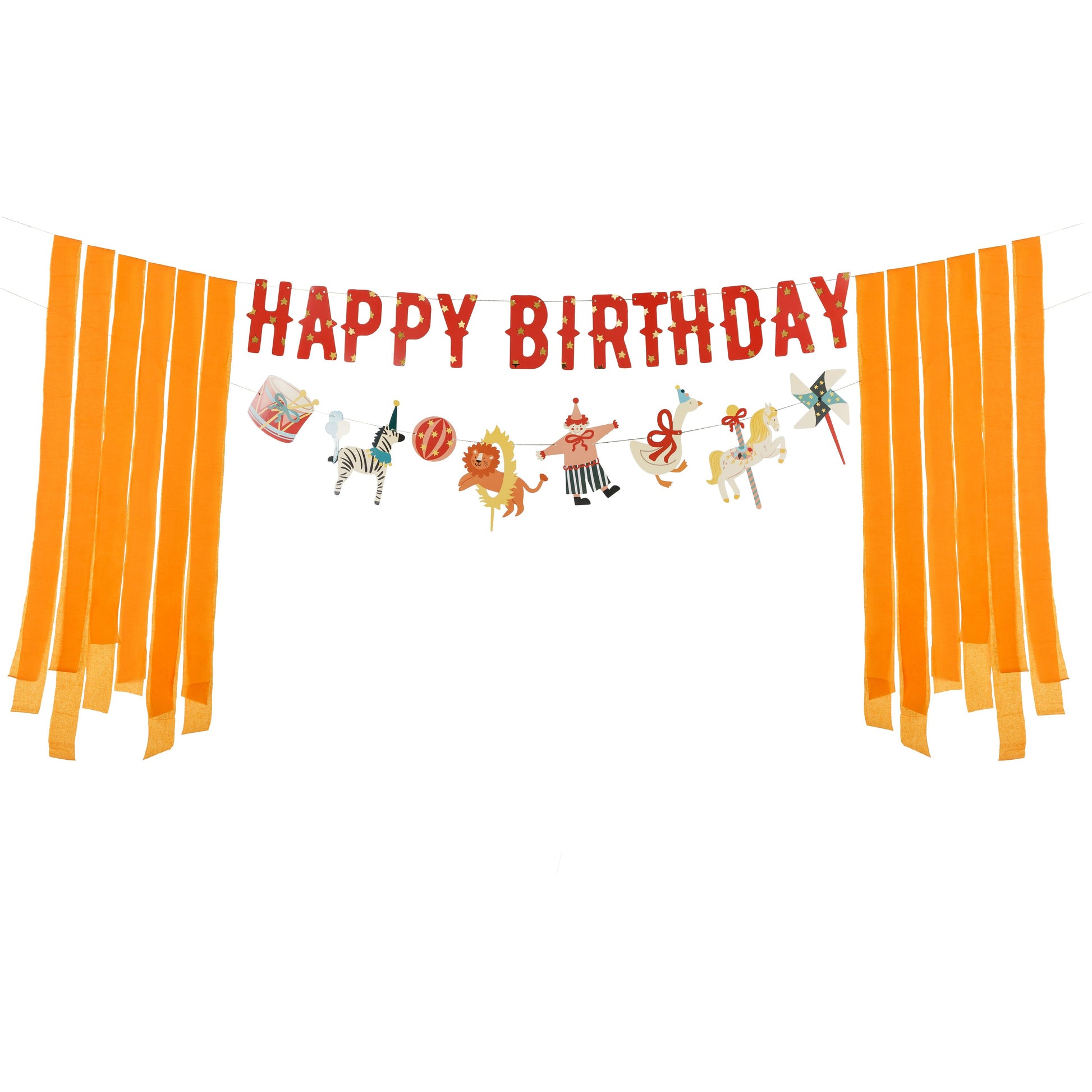 Colorful circus-themed 'Happy Birthday' banner with illustrations of animals, circus elements and hanging orange ribbons on both sides