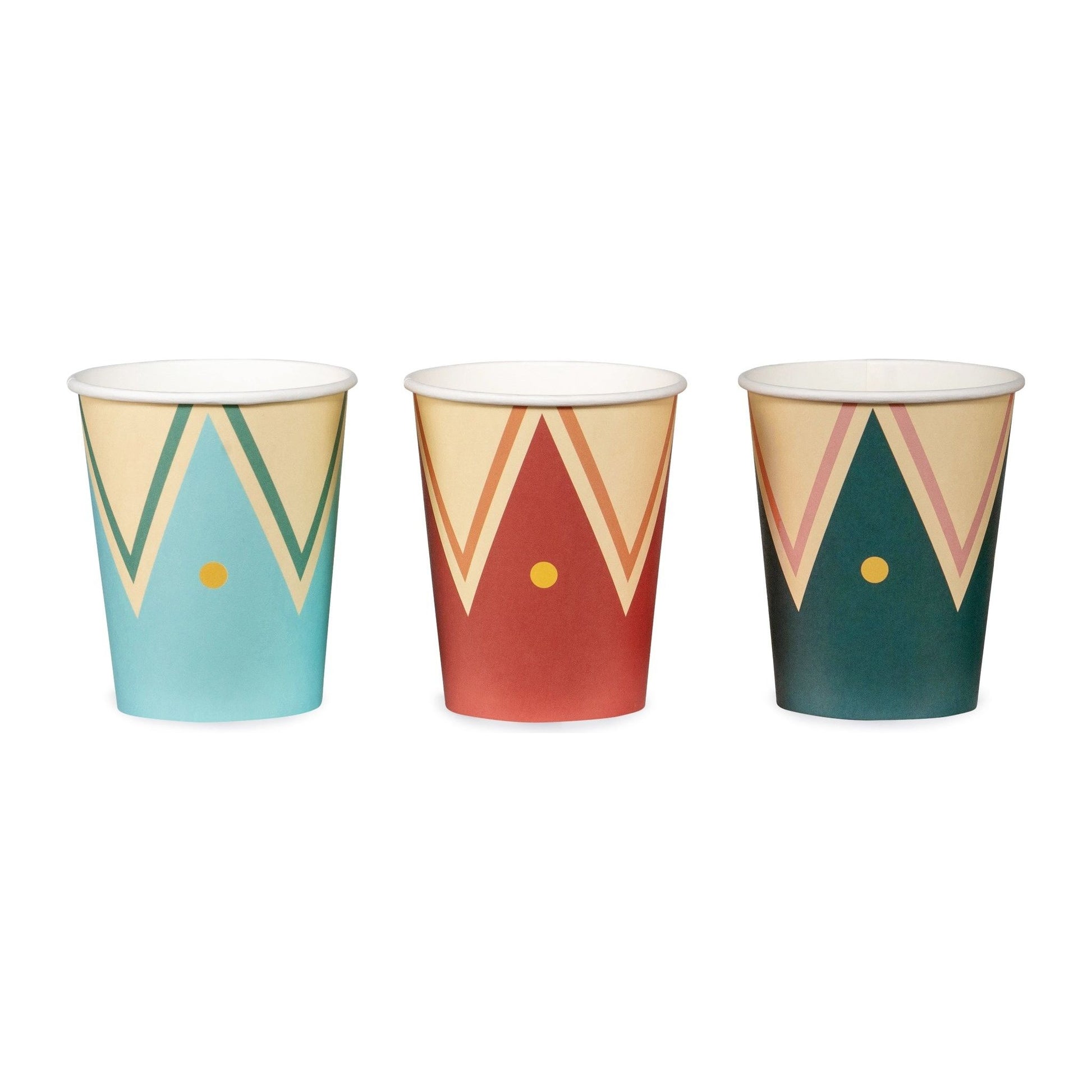 Set of three colorful paper cups with vintage circus tent inspired designs in turquoise, red, and dark green with zigzag patterns