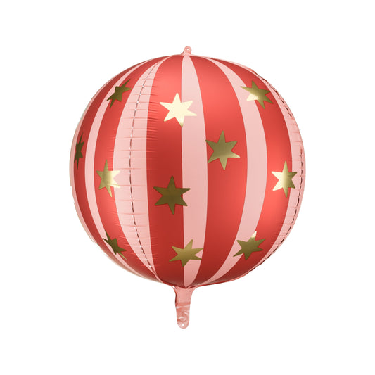 Round red foil balloon with vertical pink stripes and decorated with golden stars