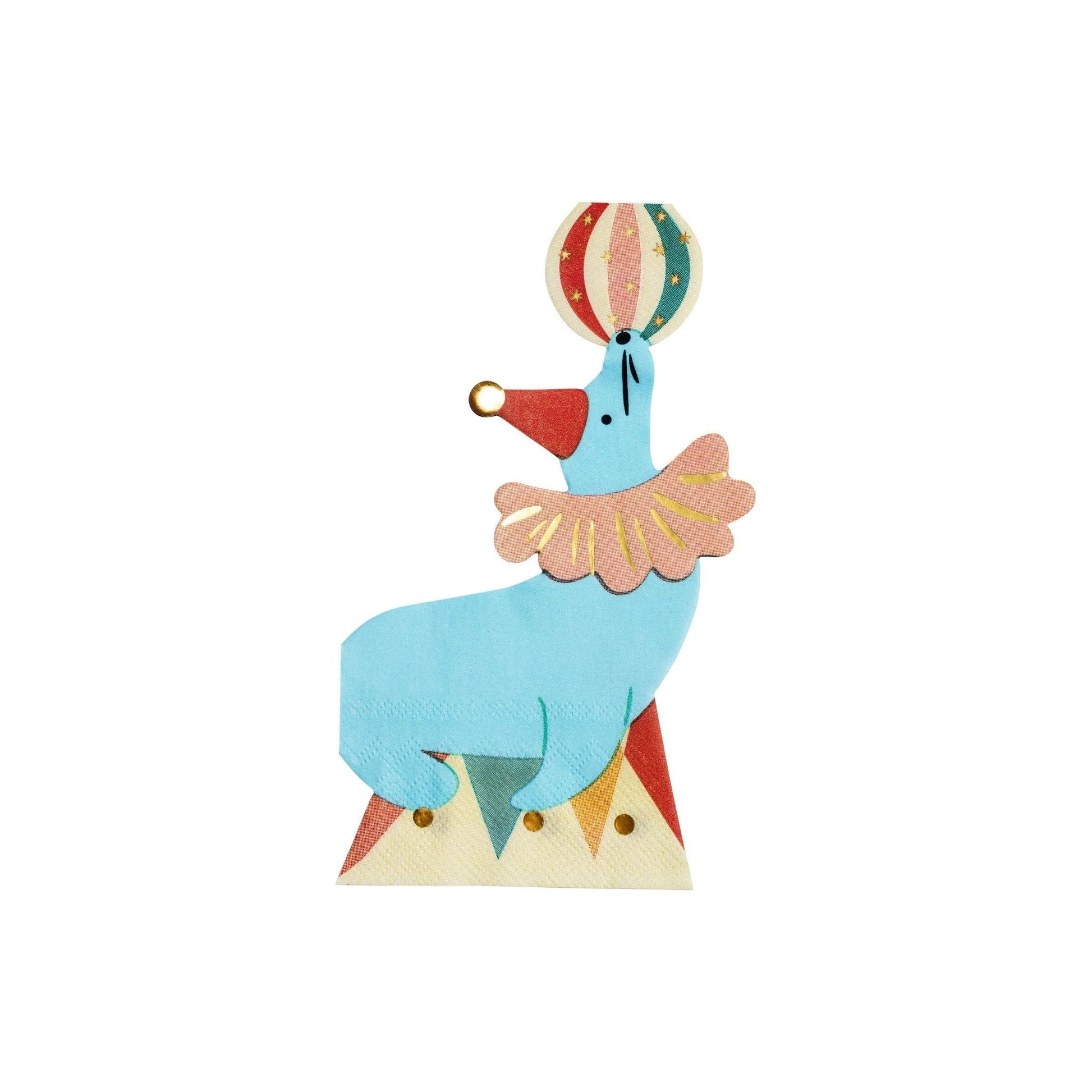 Decorative napkin shaped like a blue circus seal balancing a colorful ball on its nose