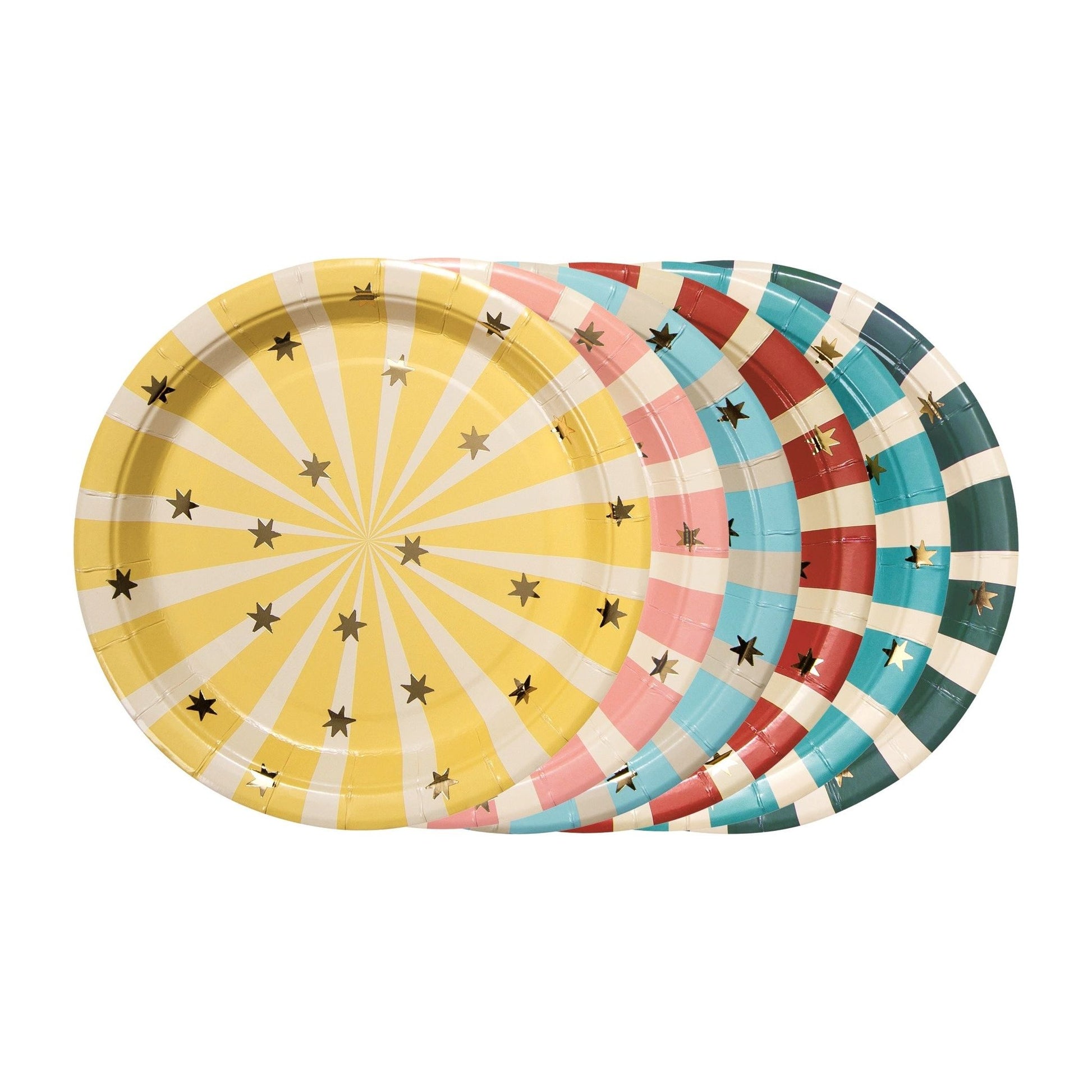 Colorful set of round paper plates with circus stripe patterns in yellow, pink, turquoise, red and dark green, decorated with golden stars