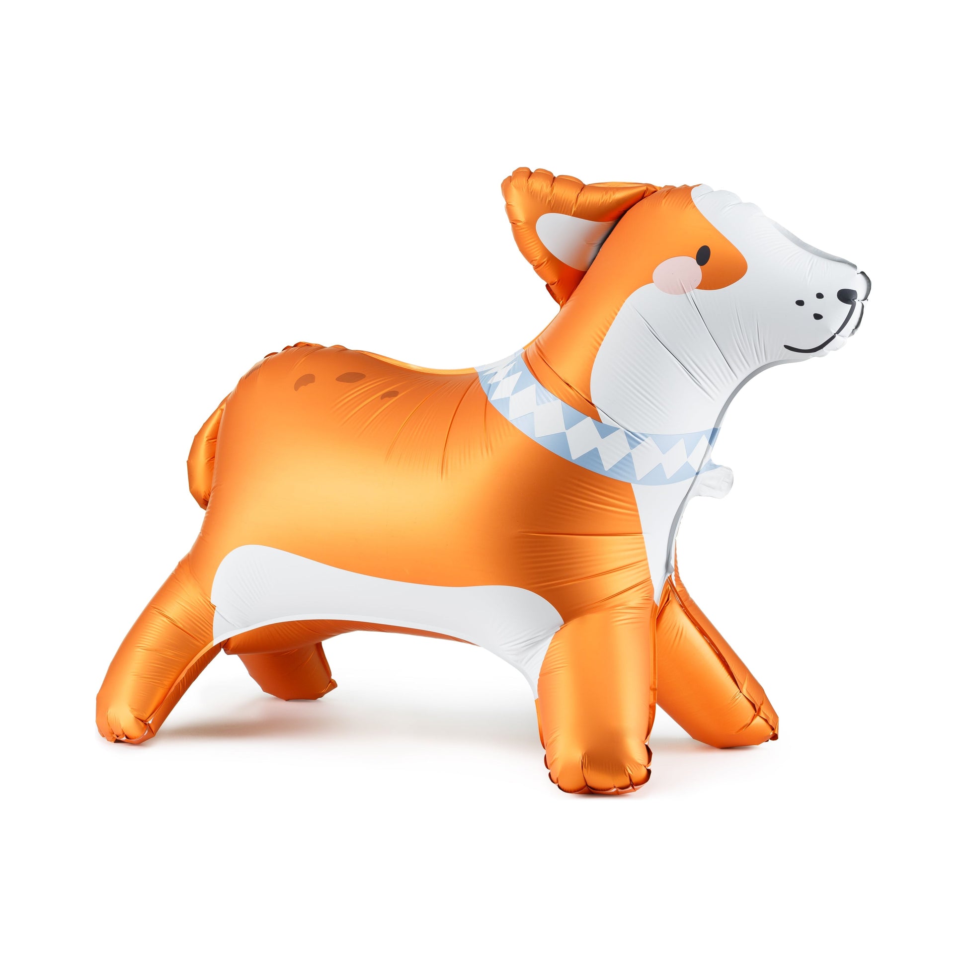 Corgi-shaped standing foil balloon in orange and white with blue collar, ideal for kids' parties, dog birthday celebrations and playful decor