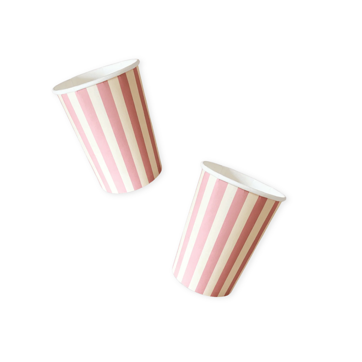 Two pink and white striped paper cups on a white background