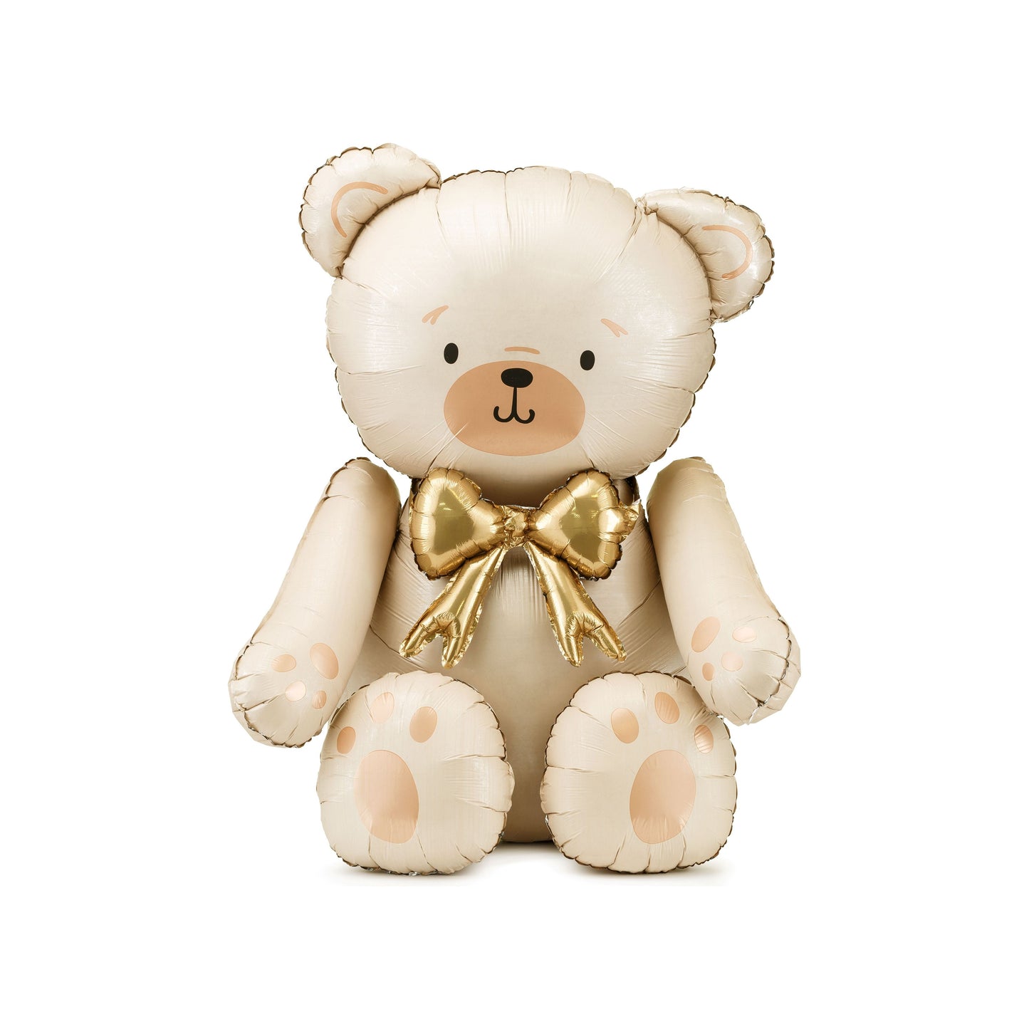 Balloon shaped like a teddy bear with a gold bow on a white background