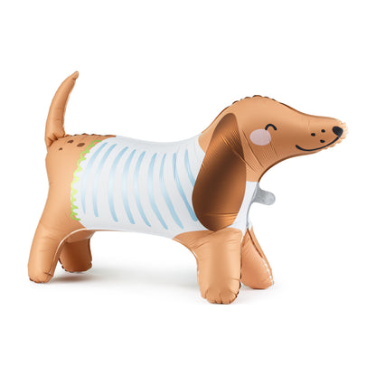 Dachshund-shaped foil balloon wearing a striped shirt, perfect for playful birthday parties, dog-themed events and kids' celebrations