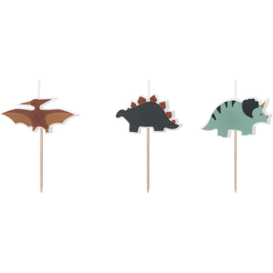 Dinosaur-shaped birthday candles in set of three for dino-themed cake