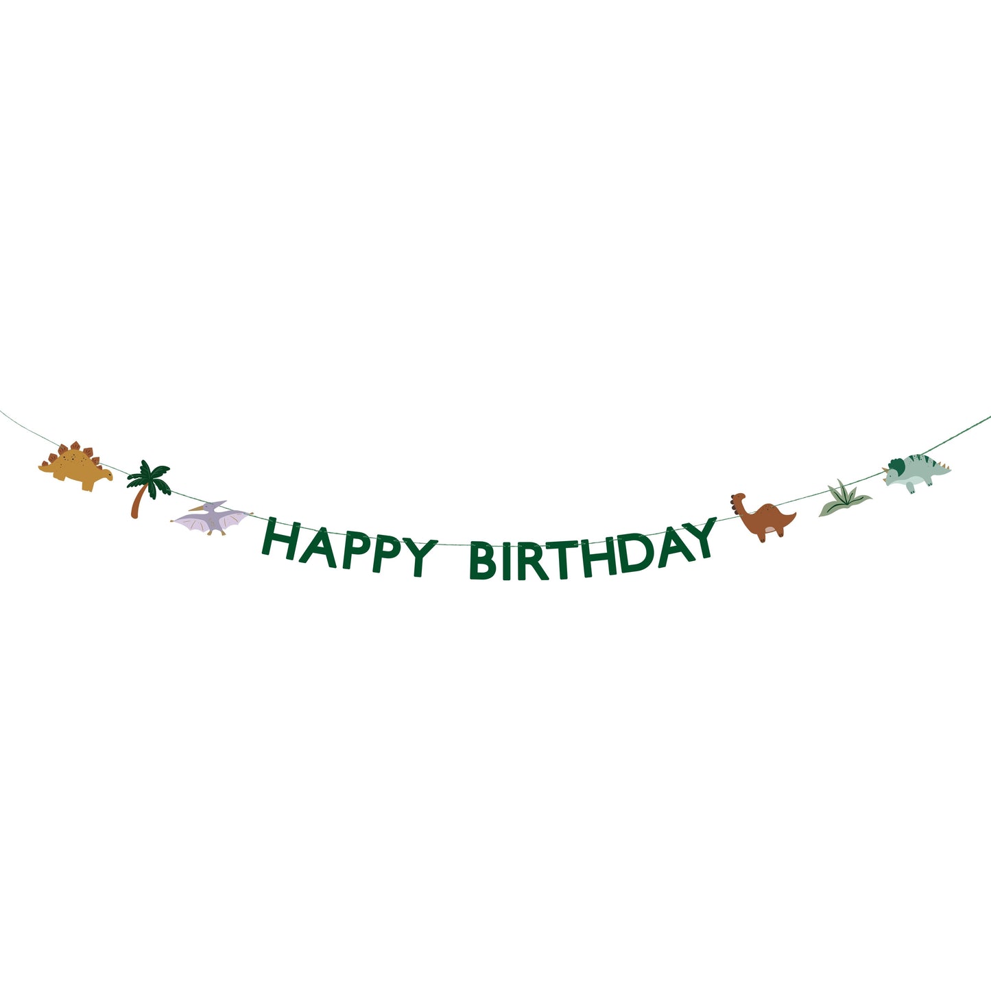 Happy Birthday banner with green dinosaurs and jungle leaves for prehistoric party decor
