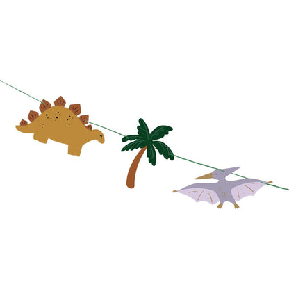 Happy Birthday banner with green dinosaurs and jungle leaves for prehistoric party decor