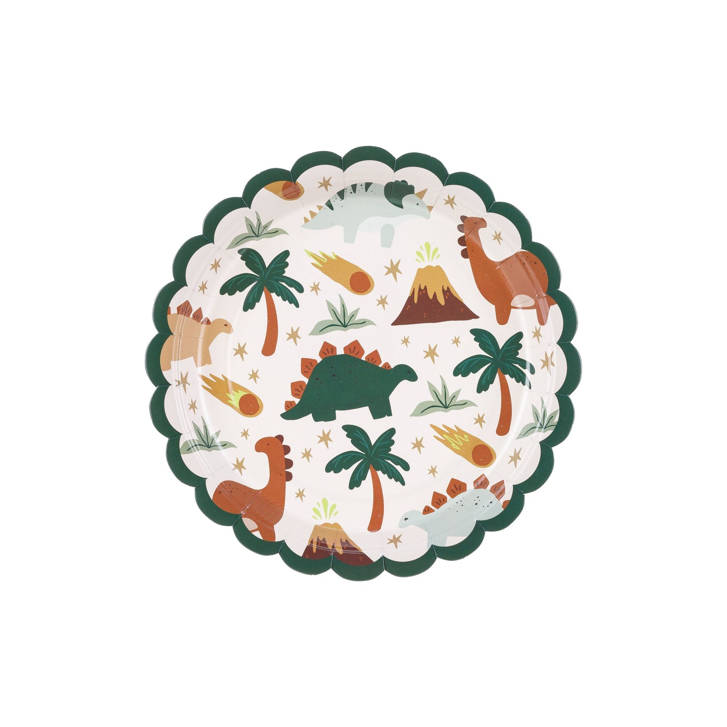 Round dinosaur-themed paper plates with colorful illustrations for kids birthday party
