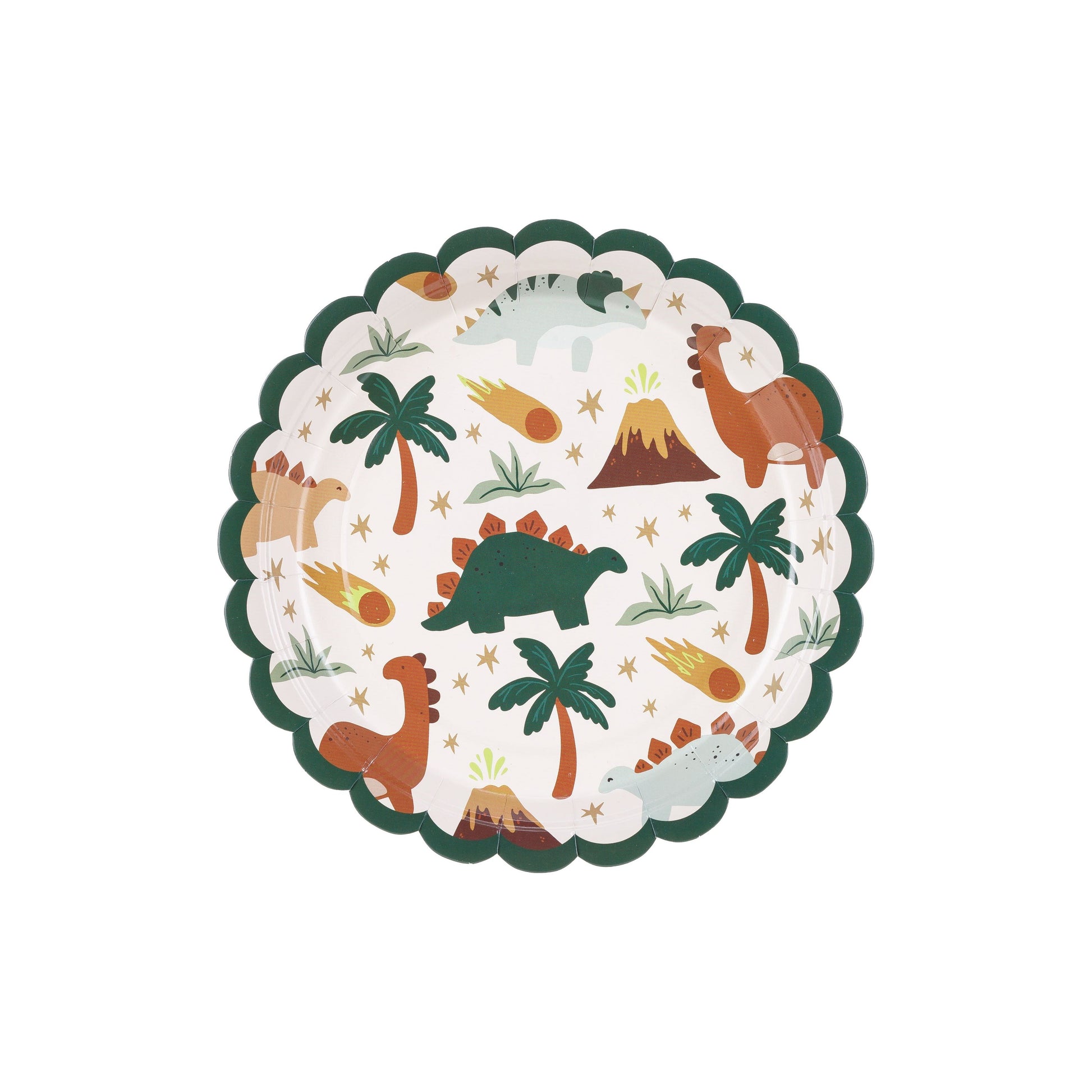 Round dinosaur-themed paper plates with colorful illustrations for kids birthday party