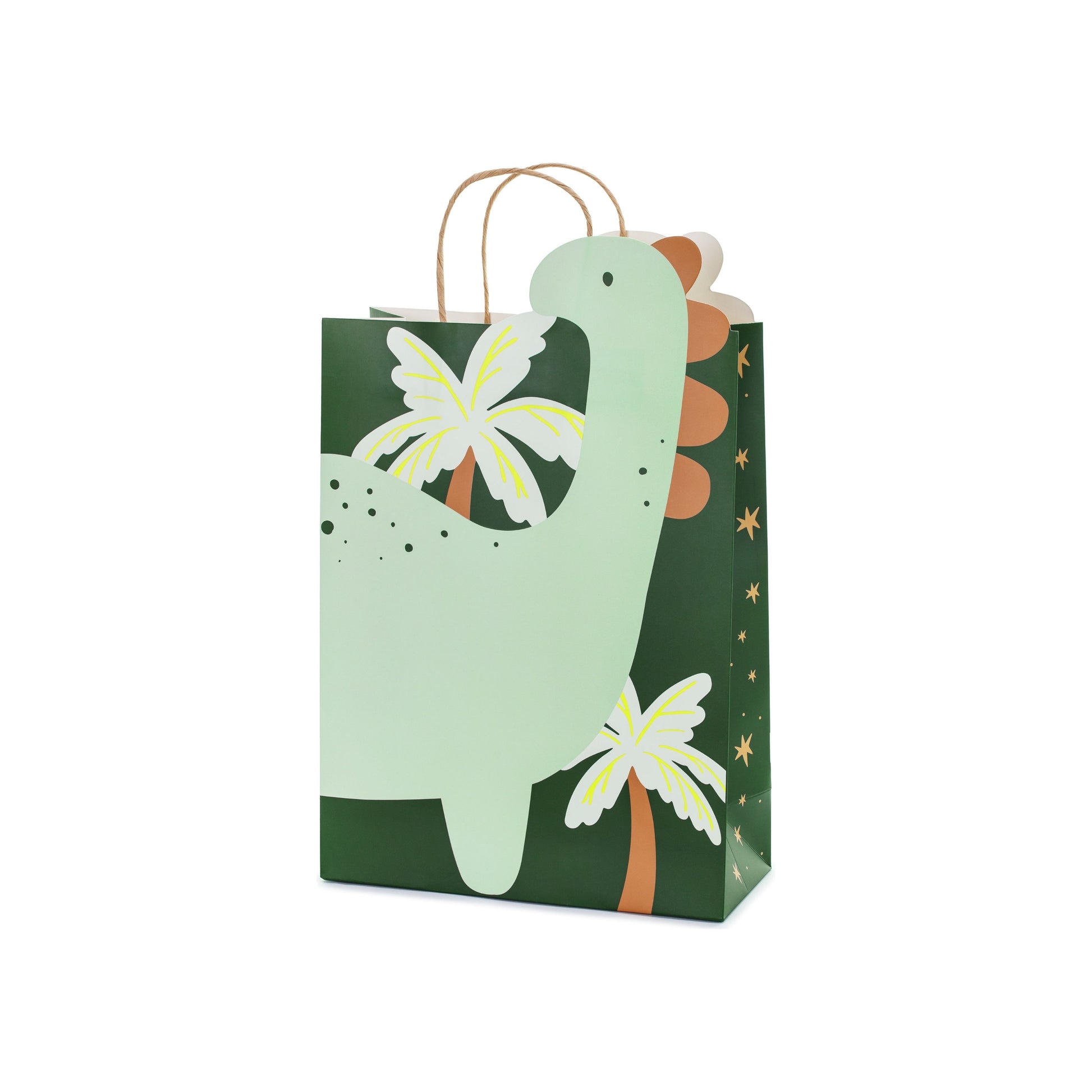 Green dinosaur gift bag with palm tree design for kids birthday favors