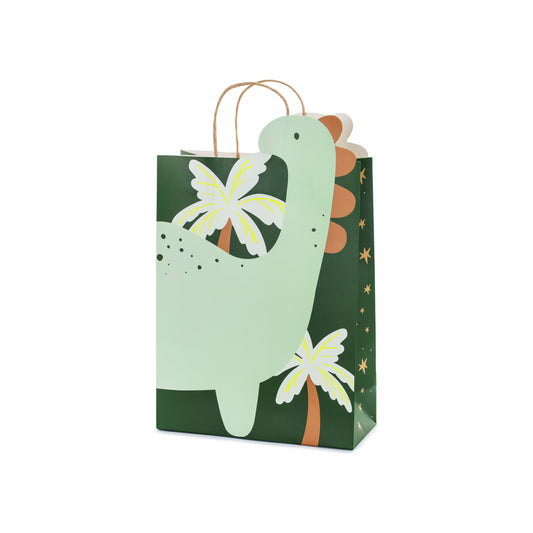 Green dinosaur gift bag with palm tree design for kids birthday favors
