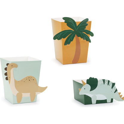 Dinosaur snack boxes in brontosaurus, triceratops and palm tree designs for kids birthday party treats