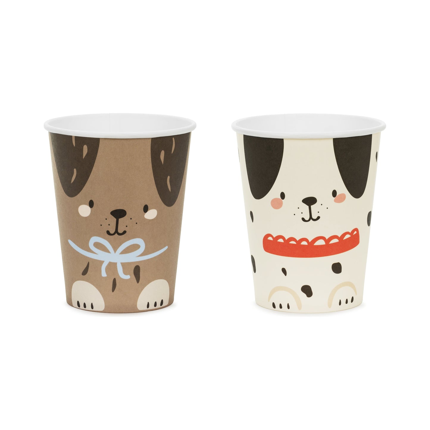 Set of two dog-themed paper cups featuring cute illustrated puppies, ideal for birthday parties, pet parties and kids' table decorations