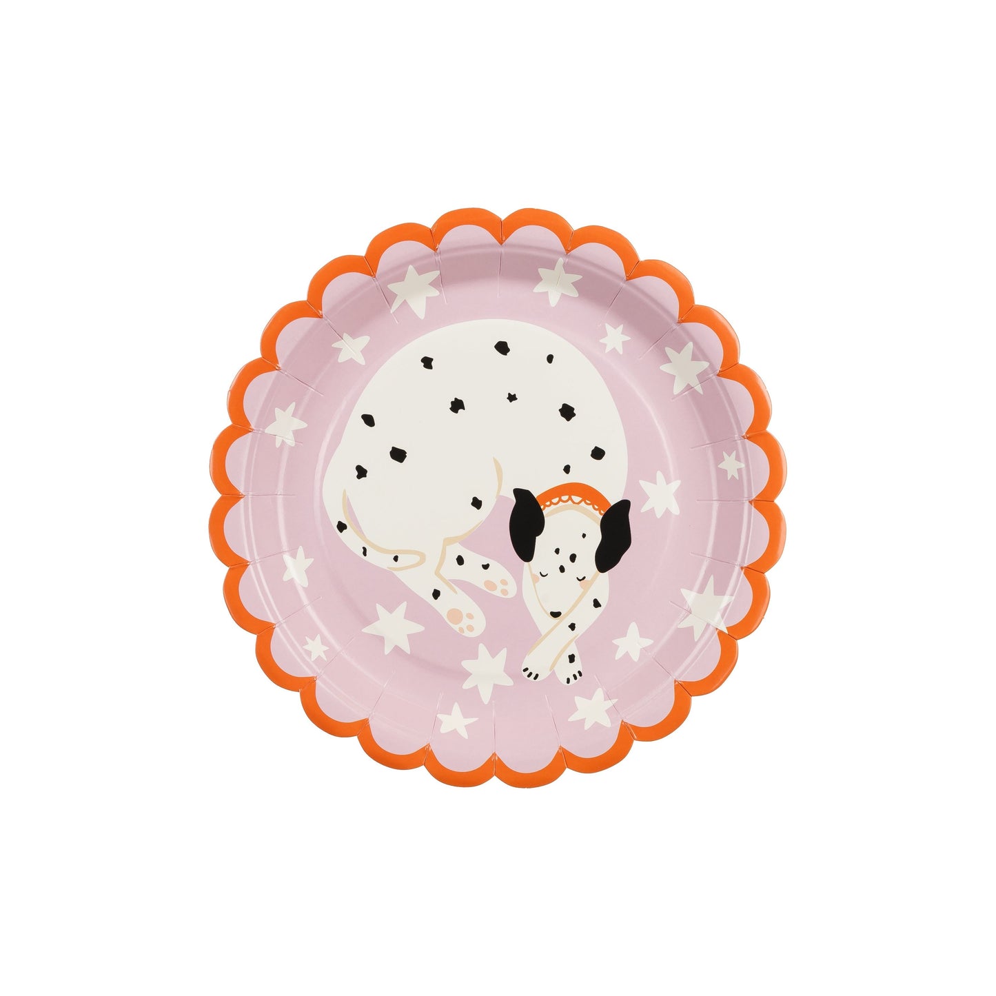 Round paper plates with scalloped edge featuring cute Dalmatian puppy and stars, perfect for dog-themed parties and kids' birthday celebrations