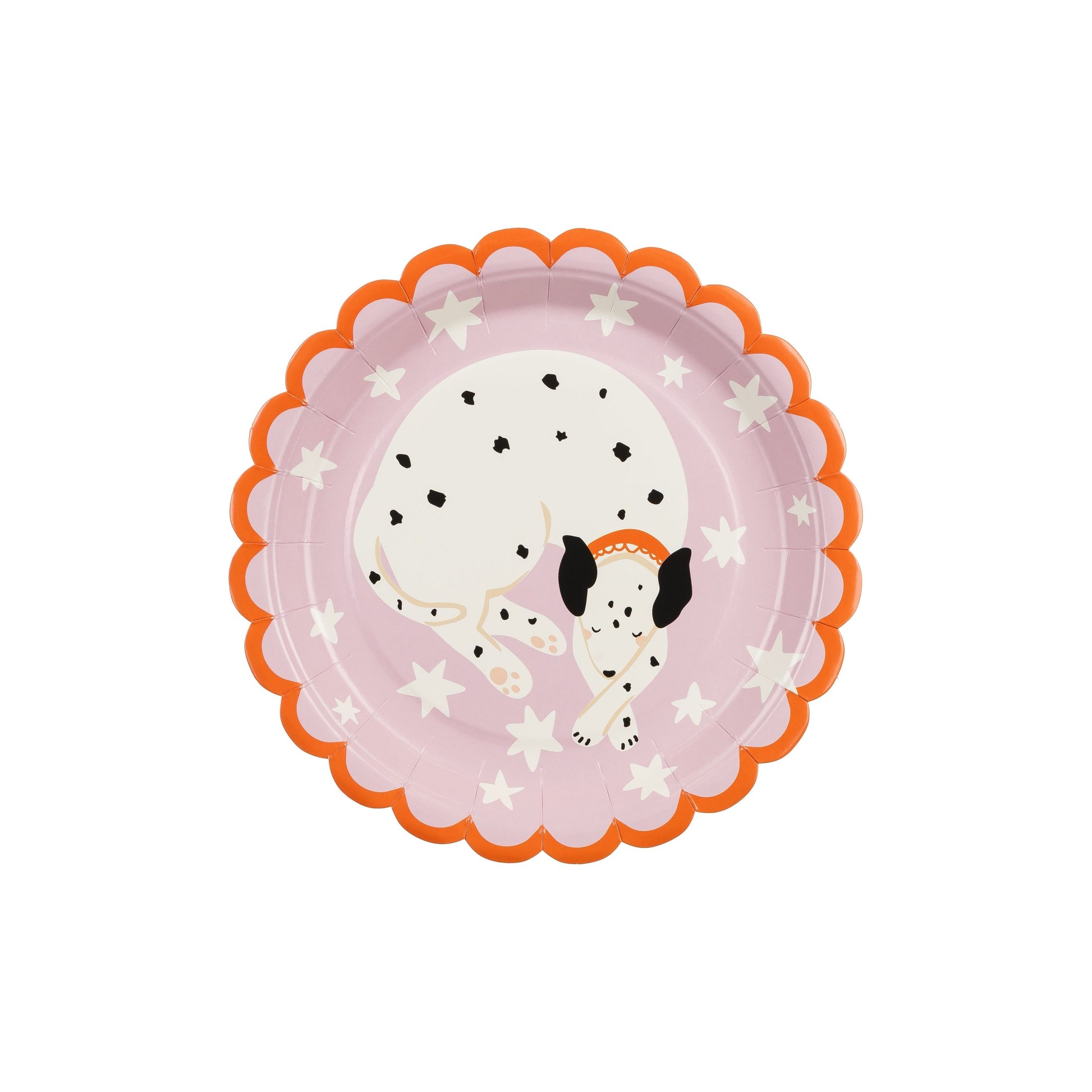 Round paper plates with scalloped edge featuring cute Dalmatian puppy and stars, perfect for dog-themed parties and kids' birthday celebrations