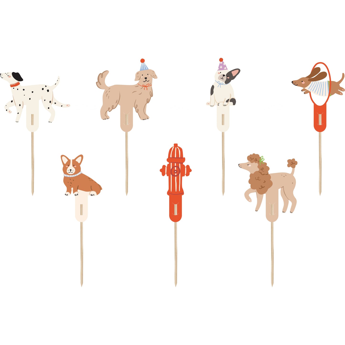 Set of assorted dog-themed cupcake toppers with cute dogs in party poses, ideal for decorating cupcakes and sweet treats at dog-themed parties