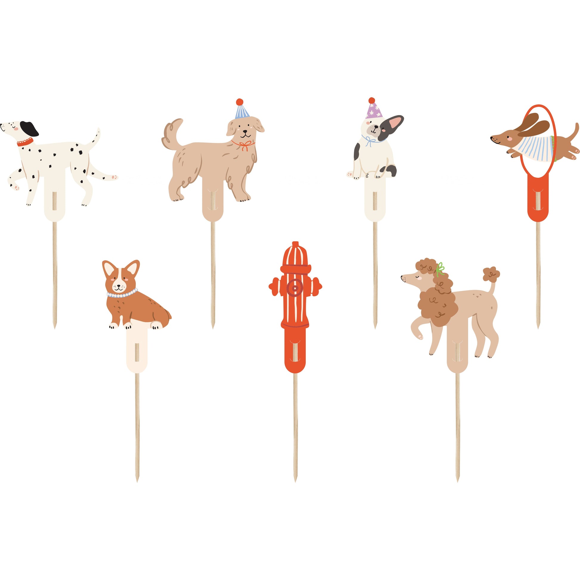 Set of assorted dog-themed cupcake toppers with cute dogs in party poses, ideal for decorating cupcakes and sweet treats at dog-themed parties
