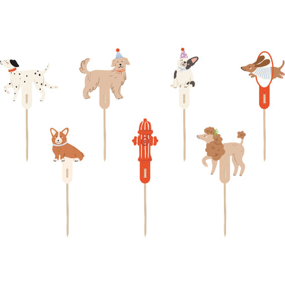 Set of assorted dog-themed cupcake toppers with cute dogs in party poses, ideal for decorating cupcakes and sweet treats at dog-themed parties