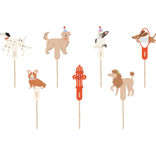 Set of assorted dog-themed cupcake toppers with cute dogs in party poses, ideal for decorating cupcakes and sweet treats at dog-themed parties