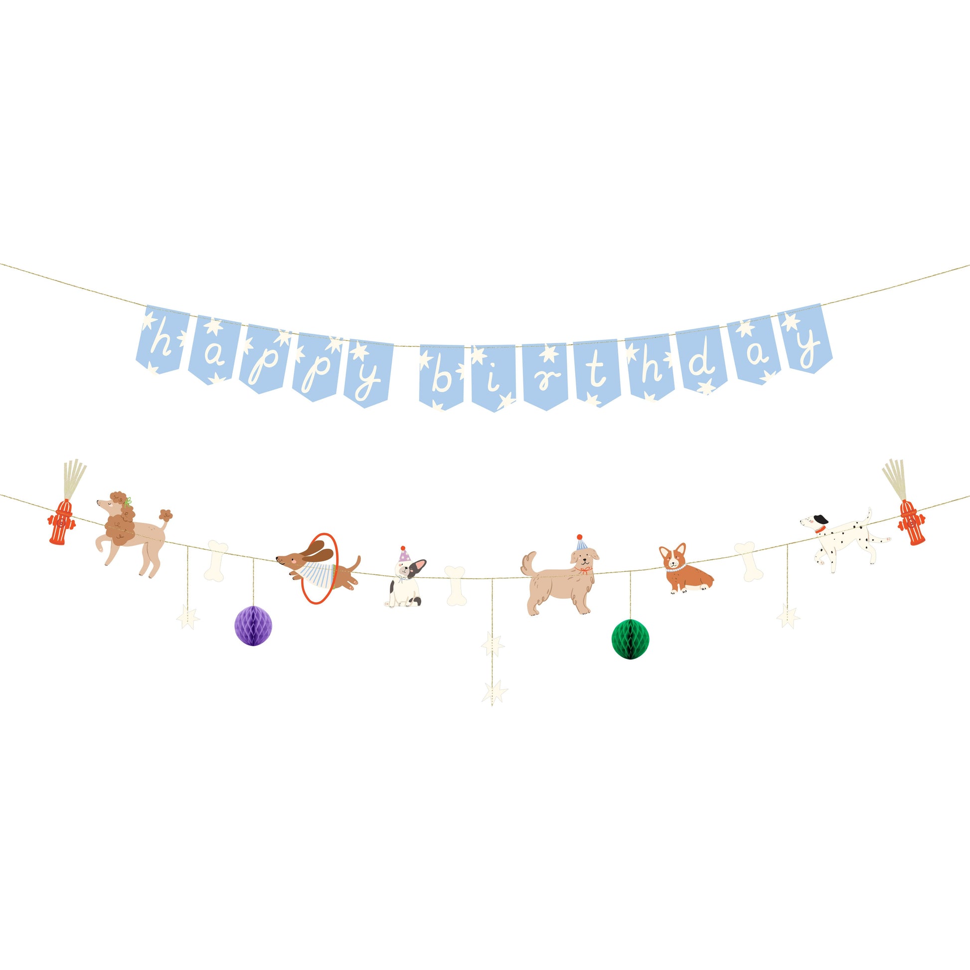 Dog-themed Happy Birthday banner with playful puppy illustrations and bone accents, perfect for pet parties and kids' dog-themed birthday decor.