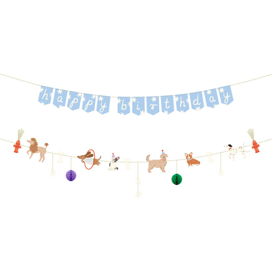Dog-themed Happy Birthday banner with playful puppy illustrations and bone accents, perfect for pet parties and kids' dog-themed birthday decor.