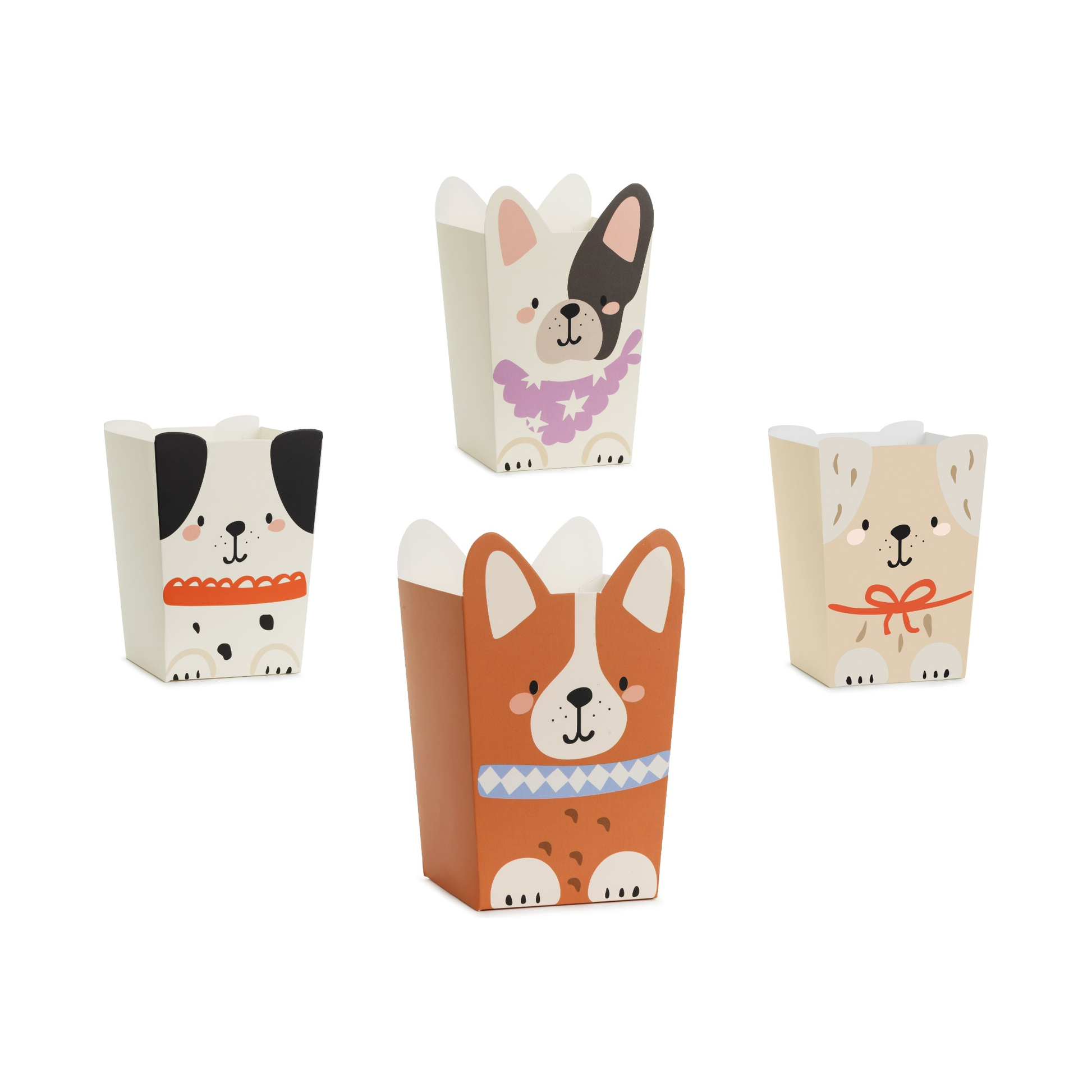 Set of colorful dog-themed snack boxes featuring various puppy designs, perfect for holding treats, popcorn or party favors at dog-themed events