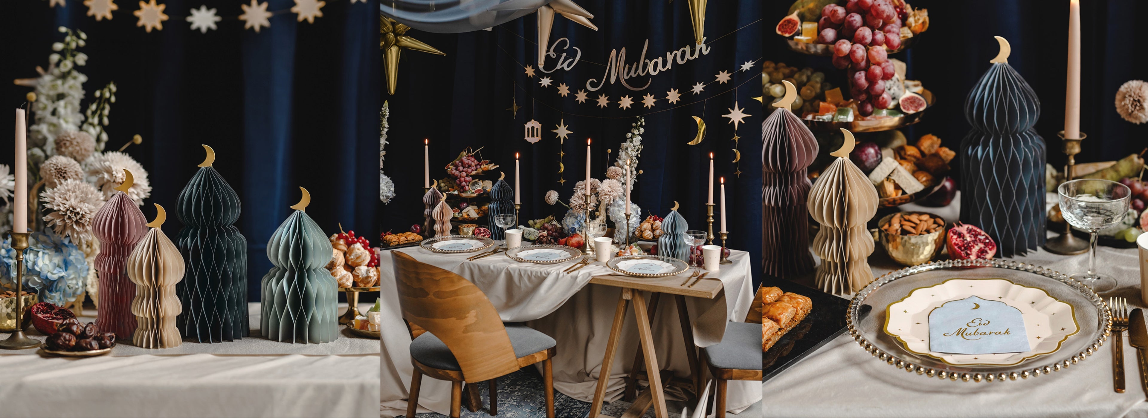 Decorative table setting with 'Eid mubarak' sign, candles, and festive decorations against a dark background.