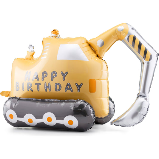Foil balloon shaped like an excavator with 'Happy Birthday' text, perfect for construction-themed birthday parties