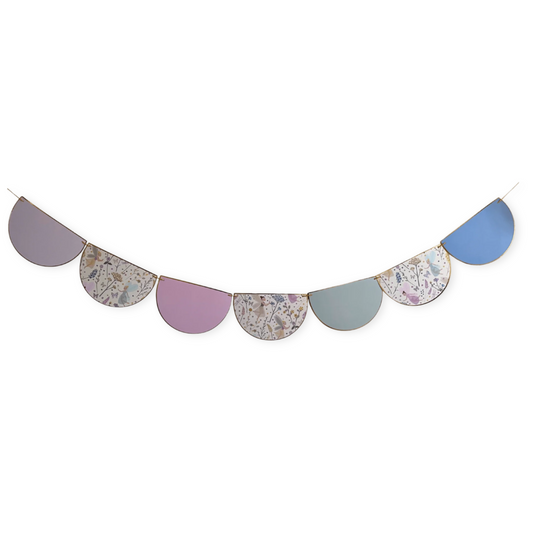 Decorative banner with semi-circular shapes in pastel colors on a white background