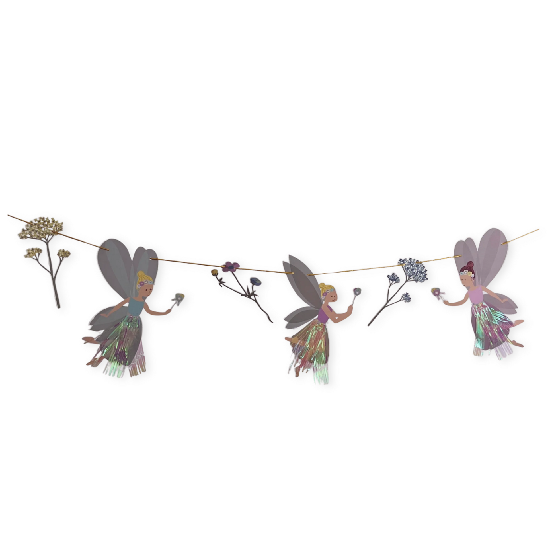 Decorative banner with fairy figures and flowers on a white background