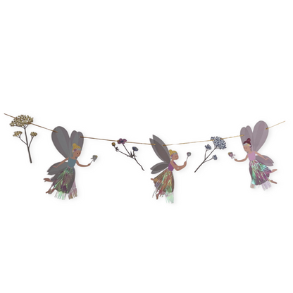 Decorative banner with fairy figures and flowers on a white background