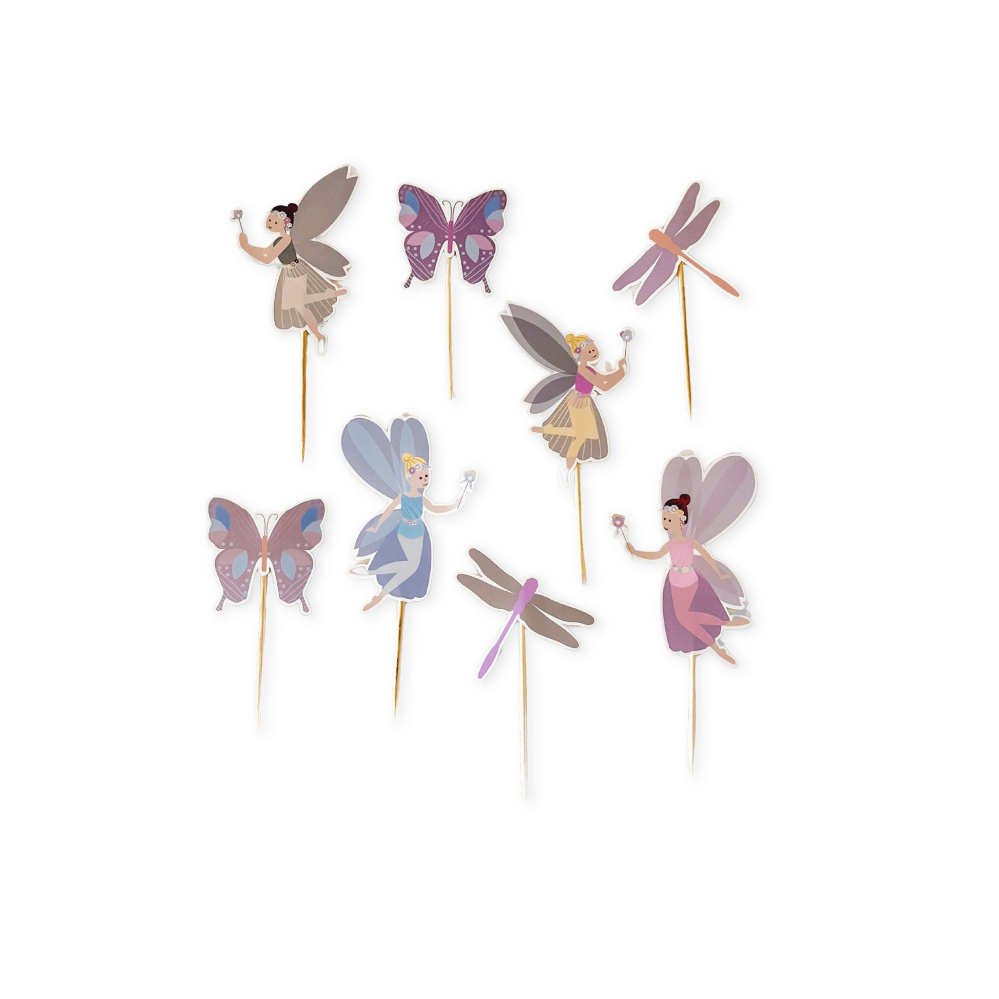 Set of fairy and dragonfly cake toppers on sticks against a white background
