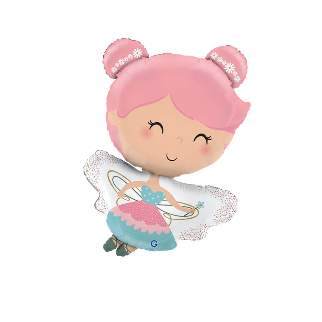 Fairy-shaped balloon with pink hair and a blue dress on a white background