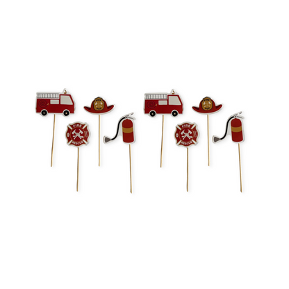 Set of fire-themed cupcake toppers on sticks against a white background