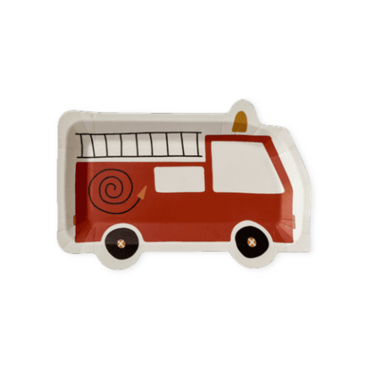 Fire truck-shaped plate with red body, white top, and black wheels on a white background