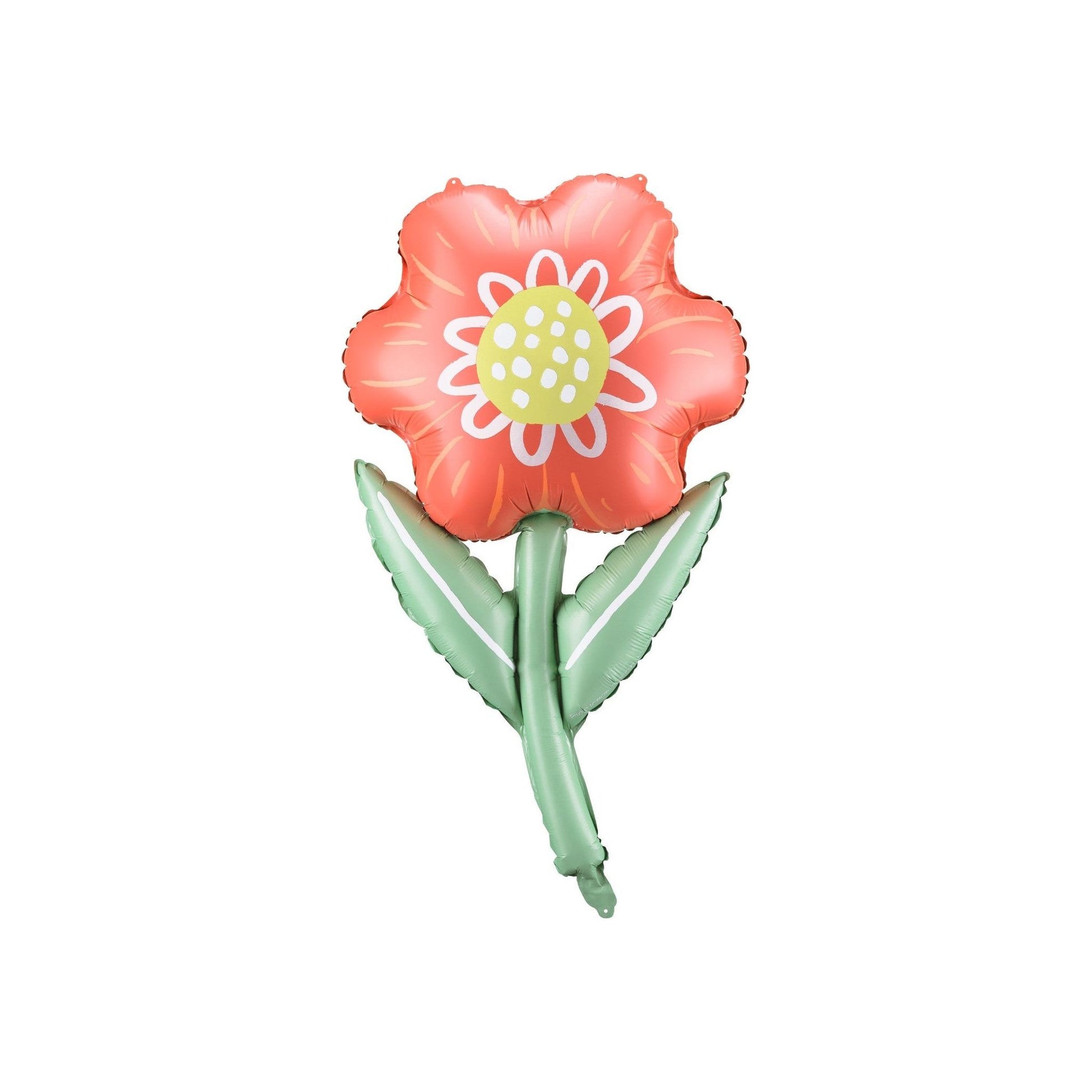 Pink flower shaped foil balloon with green stem and leaves, cheerful and colorful decoration