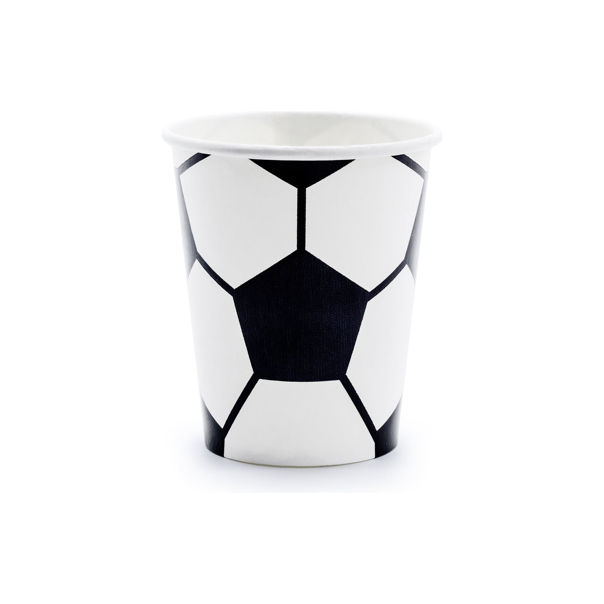 Paper cups with soccer ball design perfect for serving drinks at a football-themed birthday party