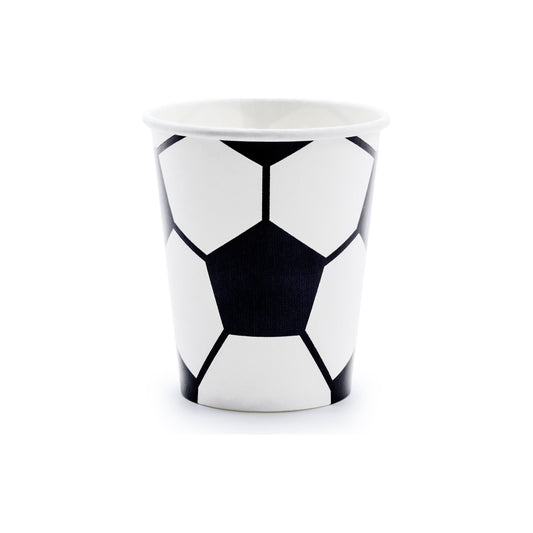 Paper cups with soccer ball design perfect for serving drinks at a football-themed birthday party