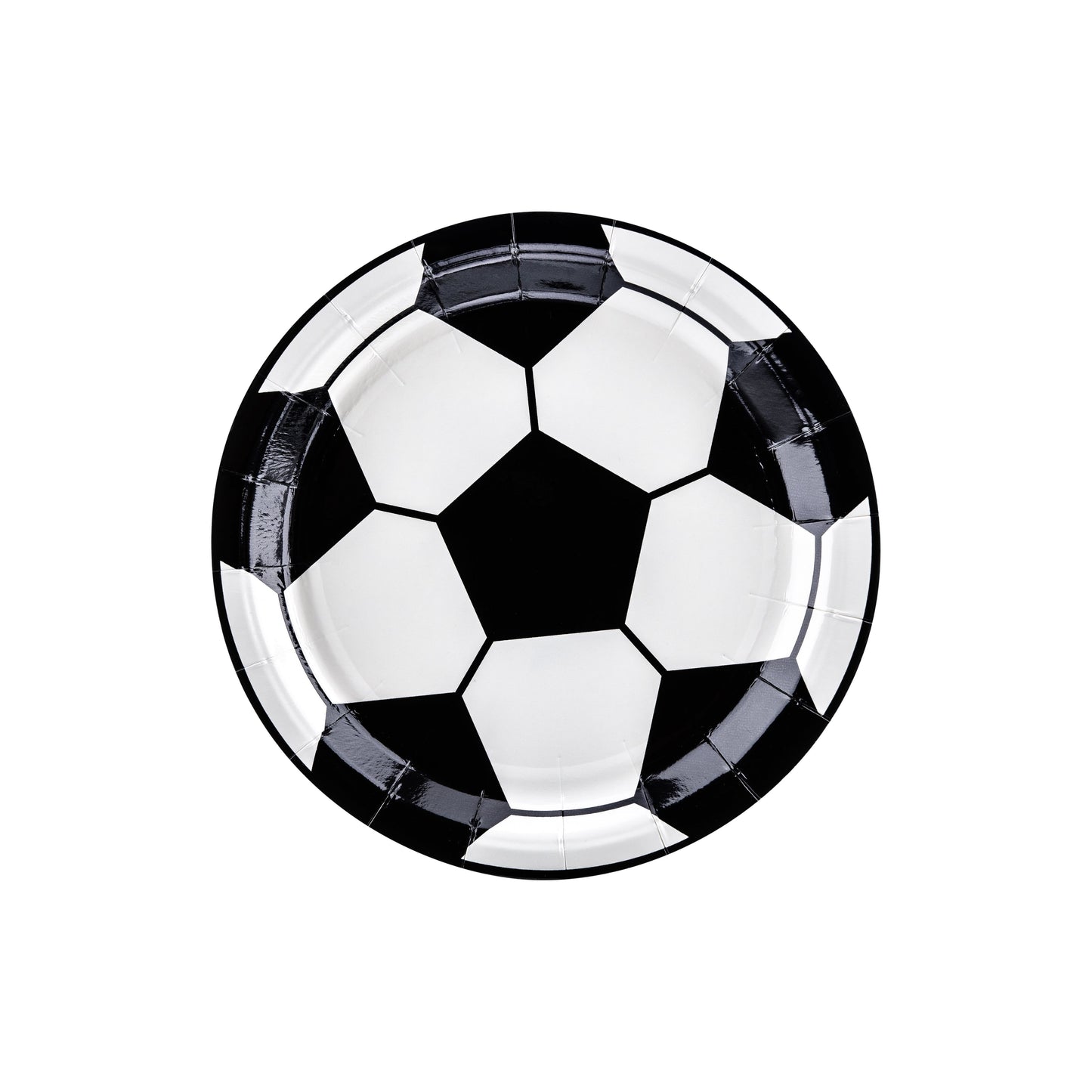 Round paper plates with black and white soccer ball pattern ideal for football party snacks and meals