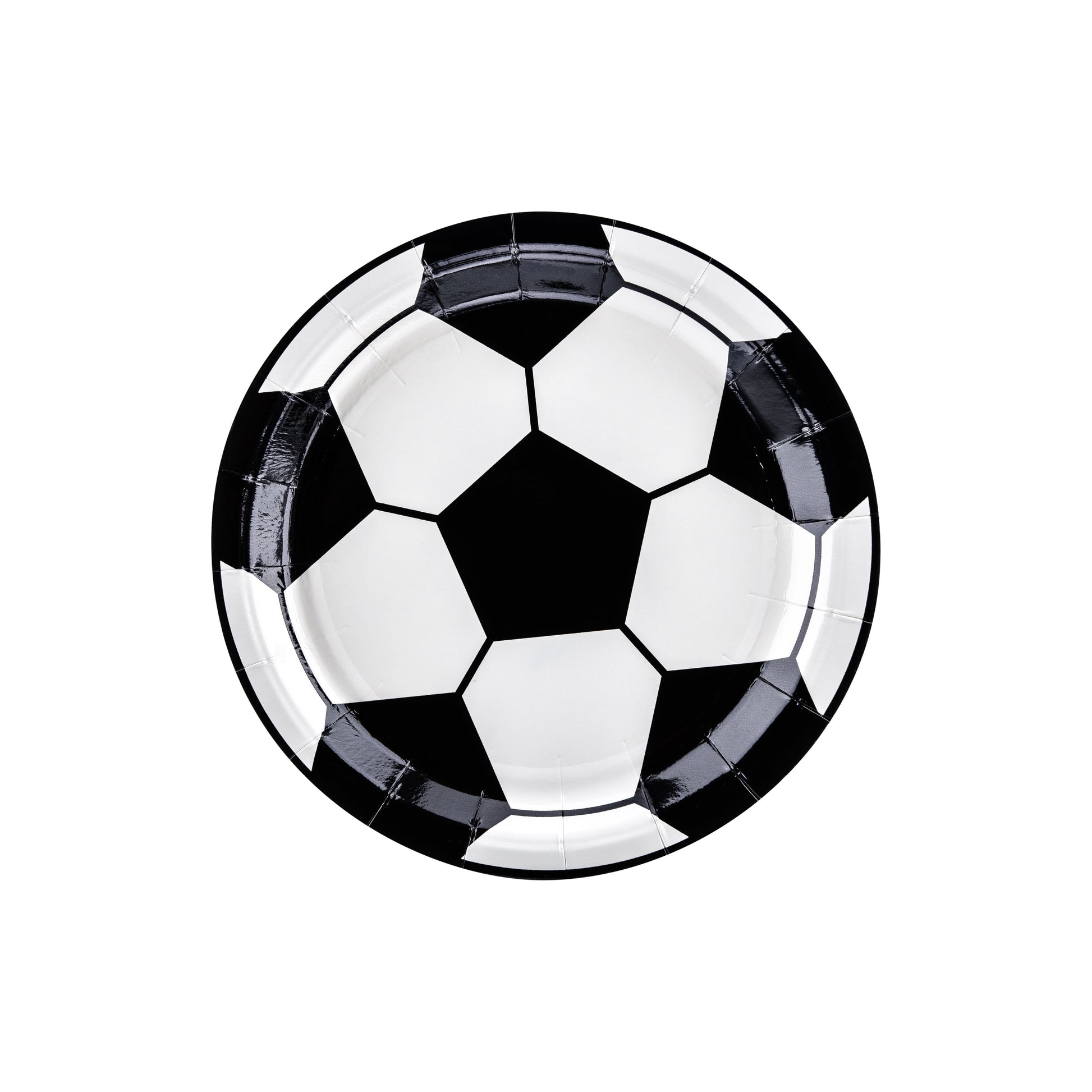 Round paper plates with black and white soccer ball pattern ideal for football party snacks and meals
