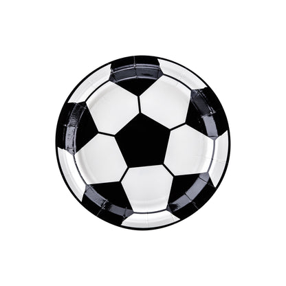 Round paper plates with black and white soccer ball pattern ideal for football party snacks and meals