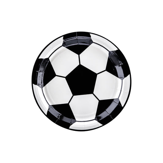 Round paper plates with black and white soccer ball pattern ideal for football party snacks and meals