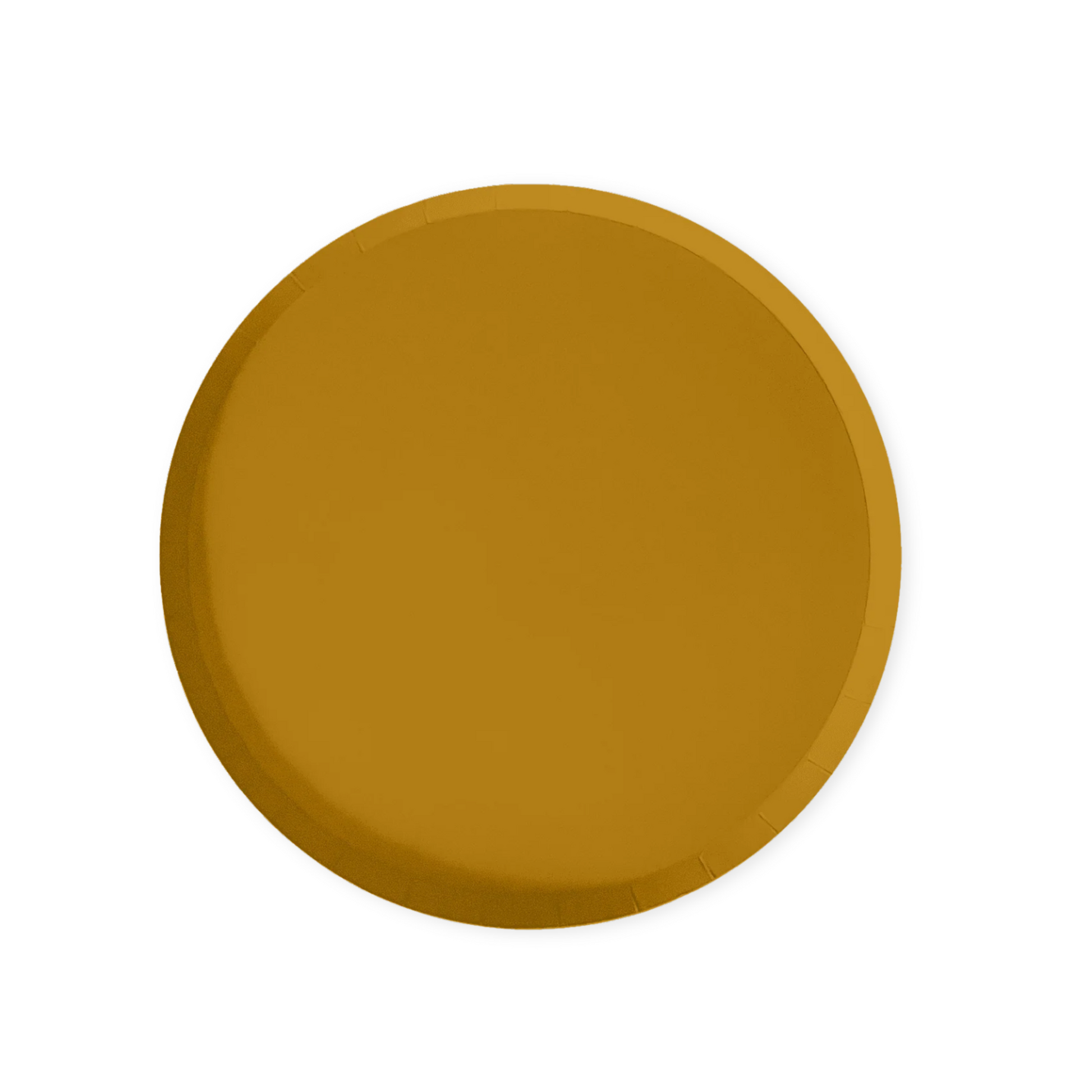 Round gold paper plate on a white background
