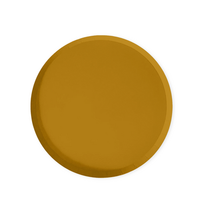 Round gold paper plate on a white background