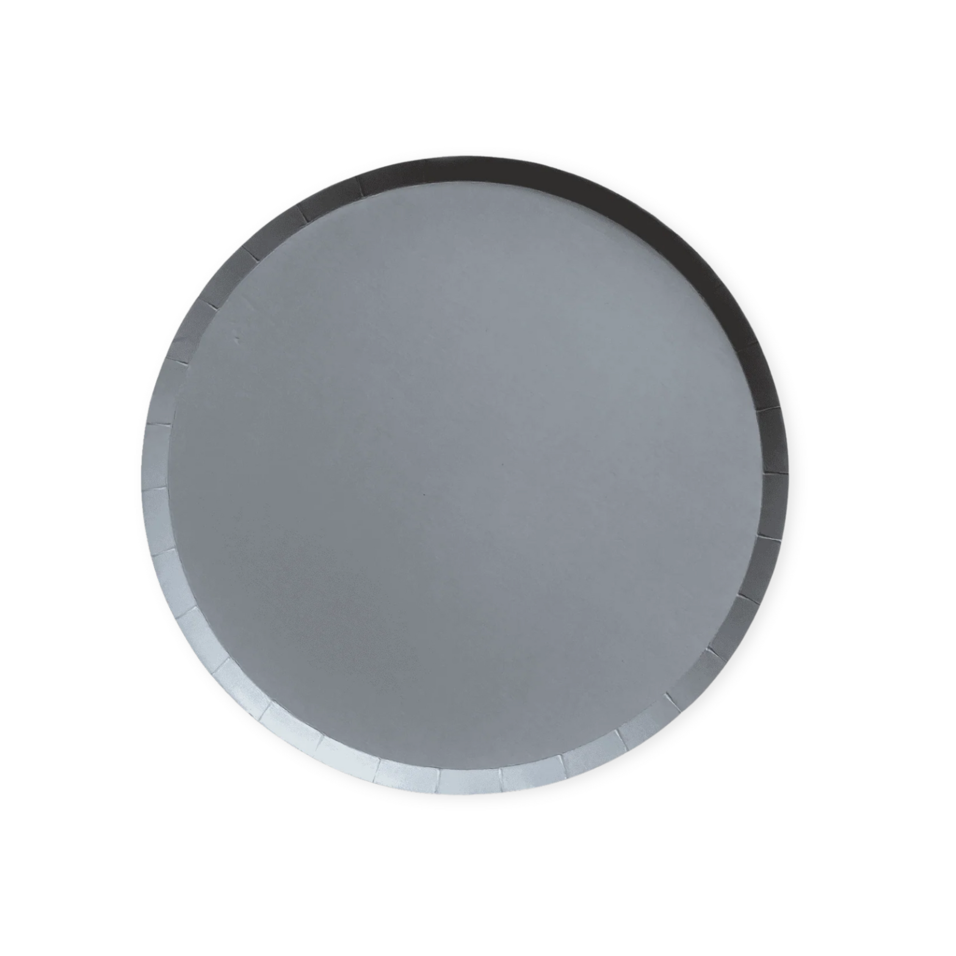 Round gray paper plates on a white background