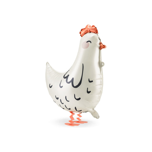White hen shaped foil balloon with orange comb and feet, fun walking balloon for farm themed party