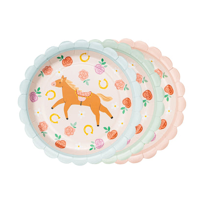Horse themed paper plates with colorful border for party table